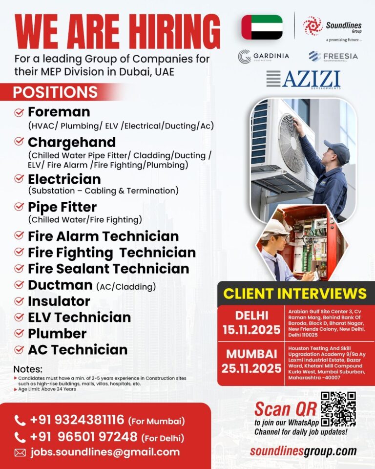 MEP Jobs in UAE – Foreman, Electrician, and Technician Positions