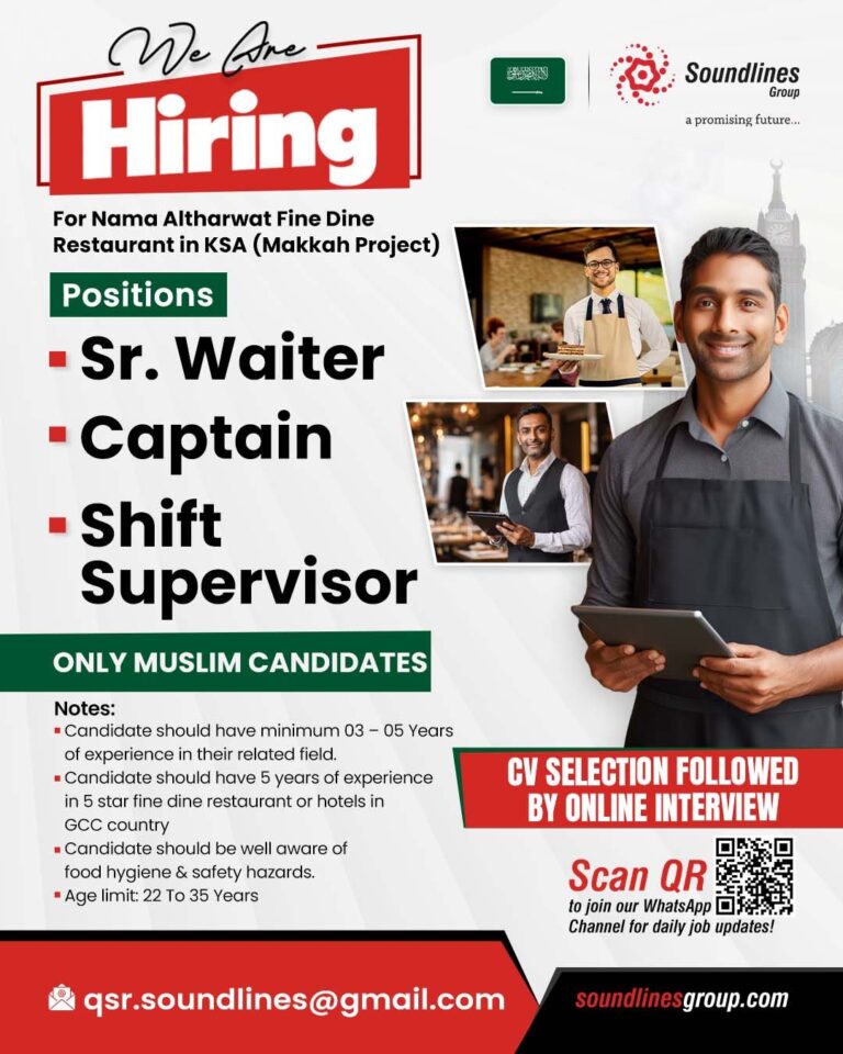Waiter Jobs in Saudi Arabia – Sr. Waiter, Captain, Shift Supervisor