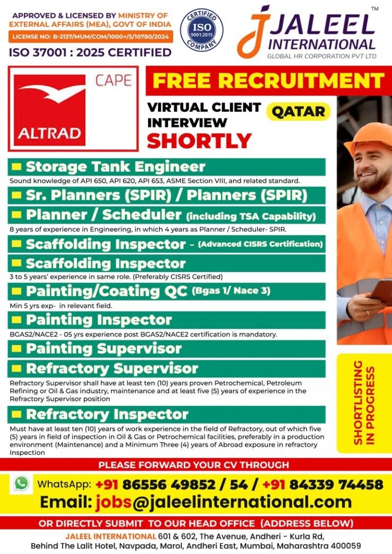 Storage Tank Engineer Jobs in Qatar – Various Positions