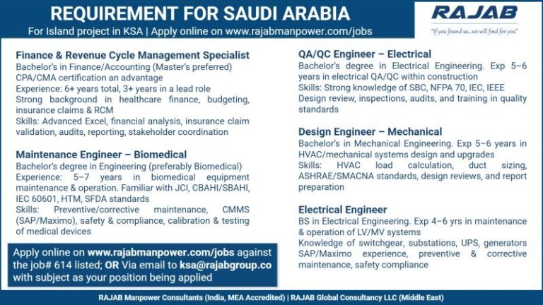 Finance and Engineering Jobs in Saudi Arabia – Revenue Cycle Management and Maintenance