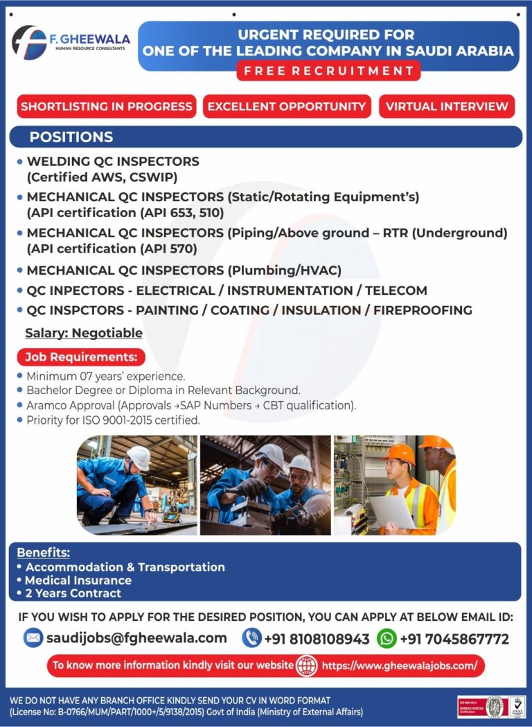 Welding and Mechanical Jobs in Saudi Arabia – QC Inspectors