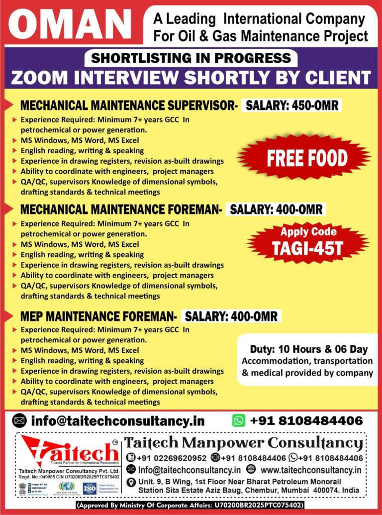 Mechanical Maintenance Jobs in Oman – Oil & Gas Maintenance Project