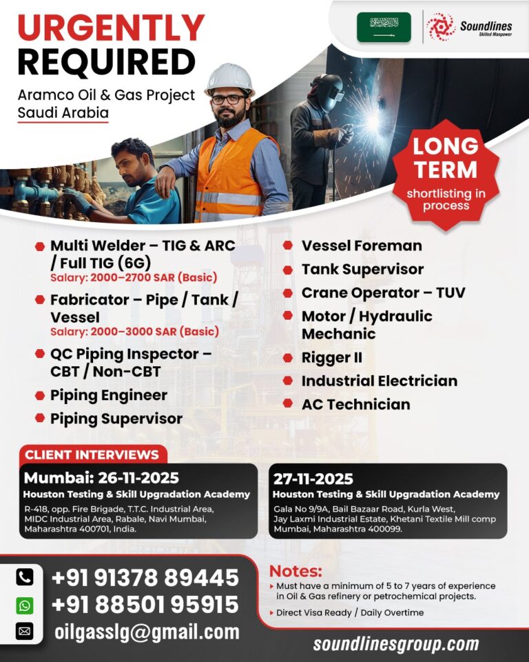 Multi Welder and Oil & Gas Jobs in Saudi Arabia – Aramco Oil & Gas Project