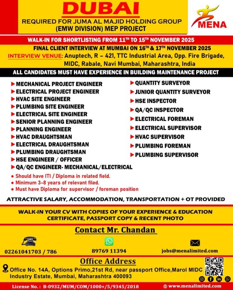 MEP Project Jobs in United Arab Emirates – Mechanical, Electrical, and Plumbing Positions