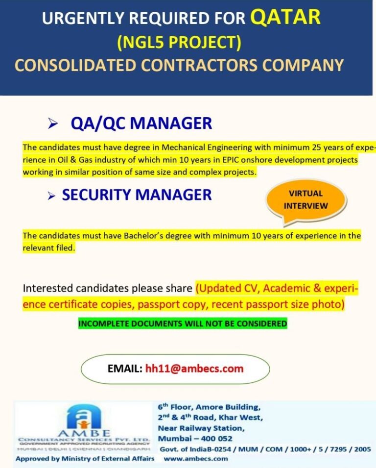 QA/QC and Security Manager Jobs in Qatar – Consolidated Contractors Company
