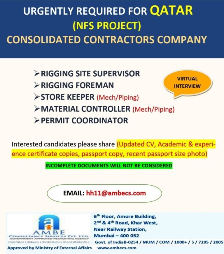 RIGGING and Construction Jobs in Qatar – Site Supervisor, Foreman, Store Keeper, Material Controller, Permit Coordinator