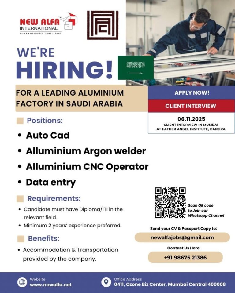 Aluminium Factory Jobs in Saudi Arabia – Auto Cad, Alluminium Argon welder, Alluminium CNC Operator, Data entry