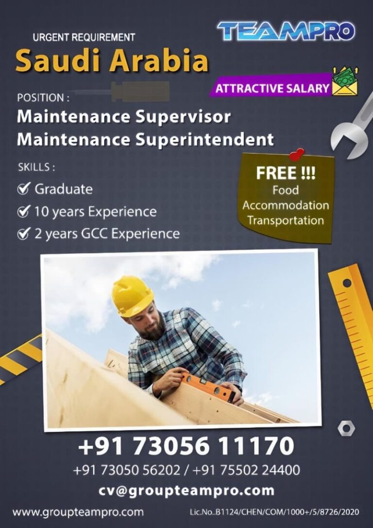 Maintenance Jobs in Gulf – Maintenance Supervisor, Maintenance Superintendent