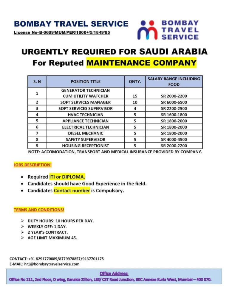 Generator Technician Cum Utility Watcher Jobs in Saudi Arabia – Multiple Positions