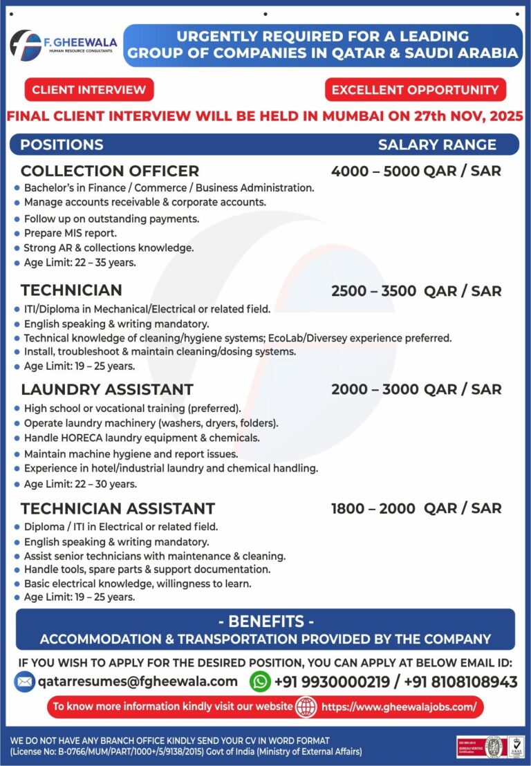 Collection Officer, Technician, Laundry Assistant, and Technician Assistant Jobs in Qatar & Saudi Arabia – Multiple Positions