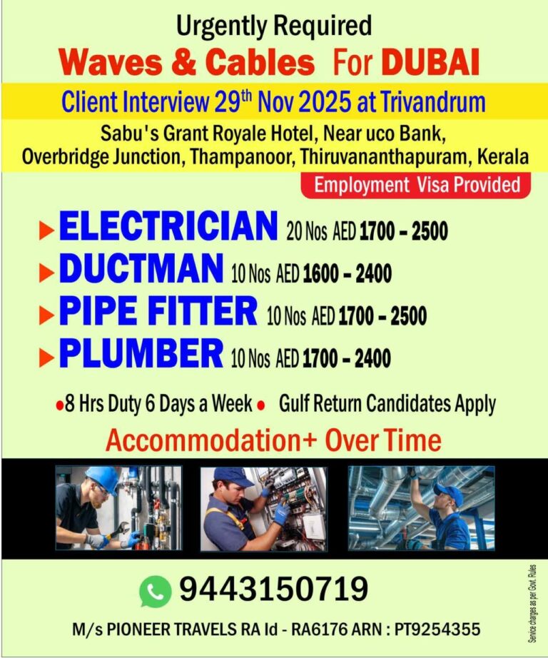 Electrician, Ductman, Pipe Fitter, and Plumber Jobs in Gulf – Multiple Positions