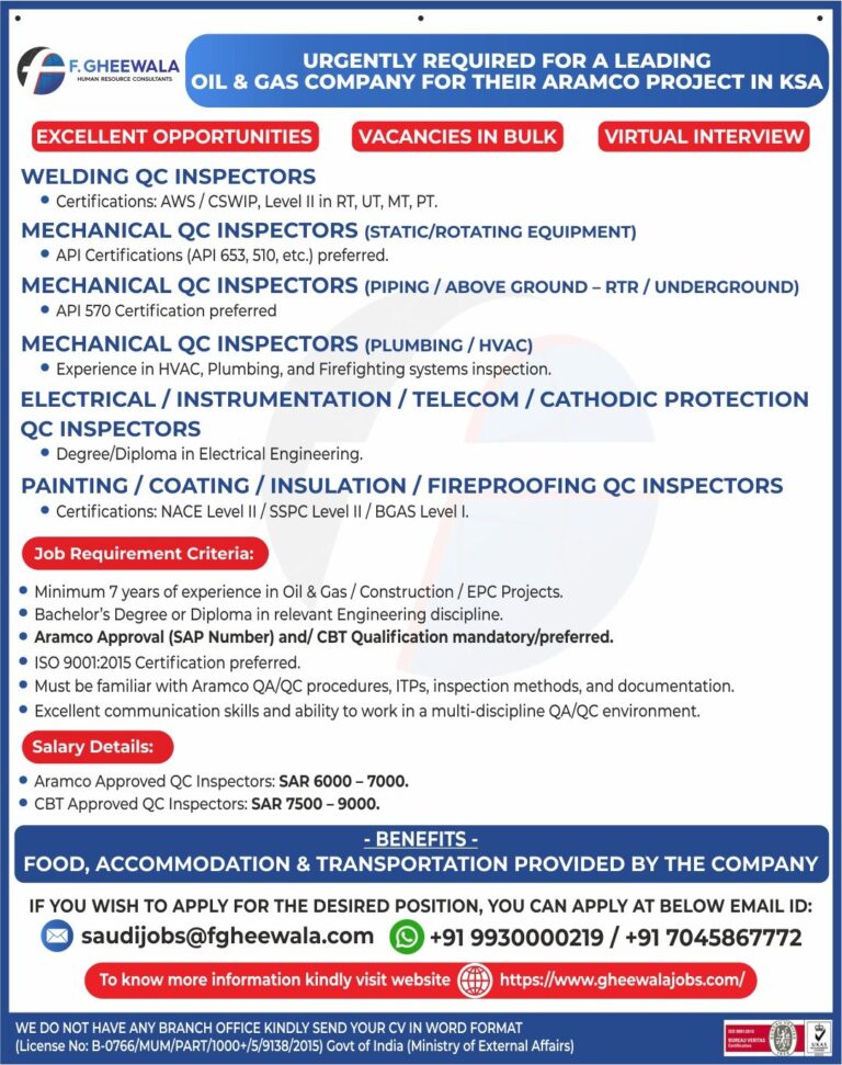 Welding and Mechanical Jobs in KSA – QC Inspectors