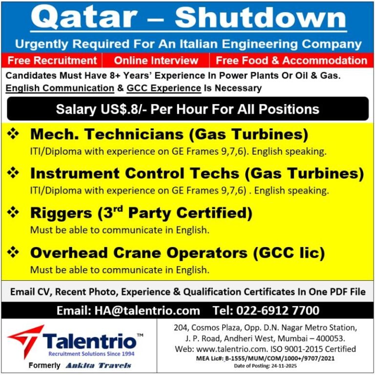 Shutdown Jobs in Qatar – Mechanical Technicians, Instrument Control Techs, Riggers, Overhead Crane Operators