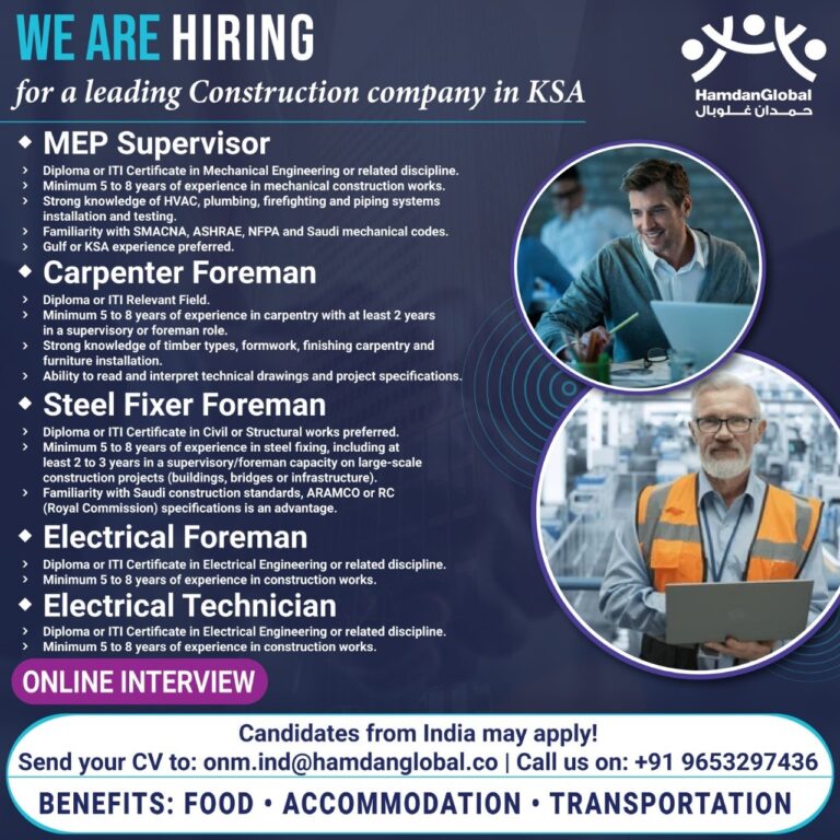 MEP Supervisor Jobs in KSA – Construction Opportunities
