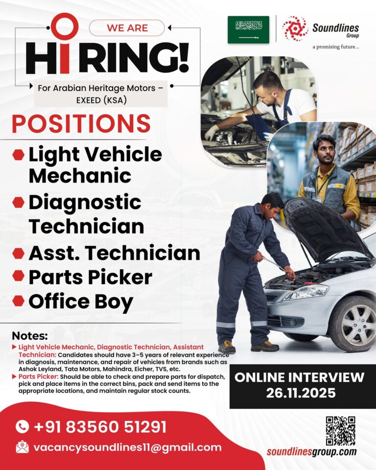 Light Vehicle Mechanic Jobs in Saudi Arabia – Diagnostic Technician, Asst. Technician, Parts Picker, Office Boy