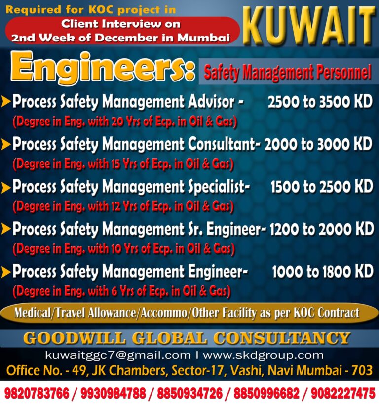 Process Safety Management Jobs in Kuwait – Multiple Positions