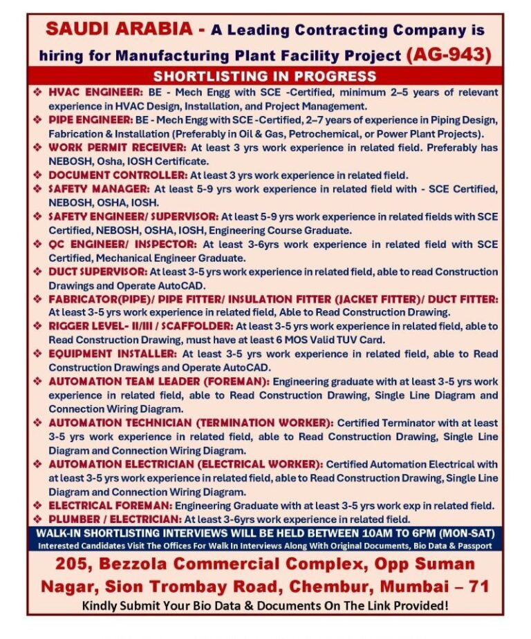 HVAC Engineer Jobs in Saudi Arabia – Manufacturing Plant Facility Project