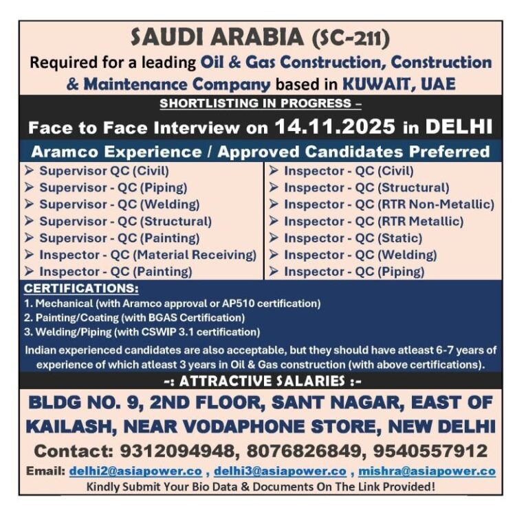 Oil & Gas Jobs in Saudi Arabia – Supervisor and Inspector Positions