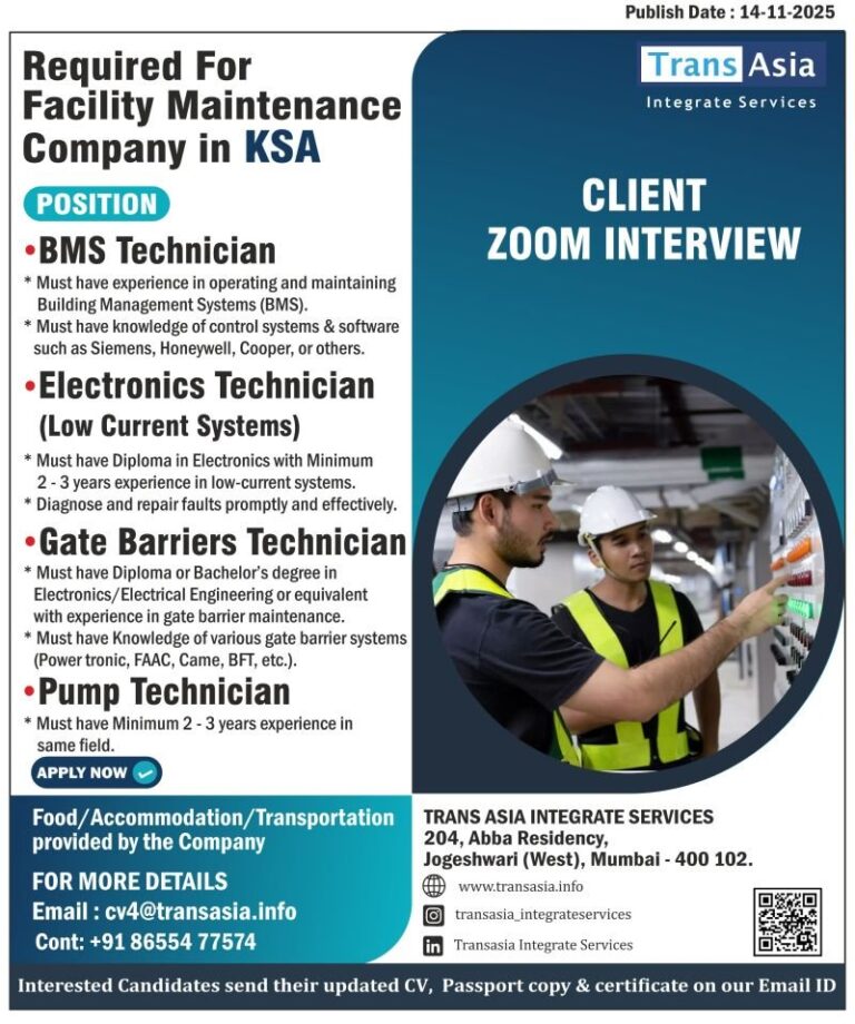 BMS Technician and Other Jobs in Saudi Arabia – Facility Maintenance Services