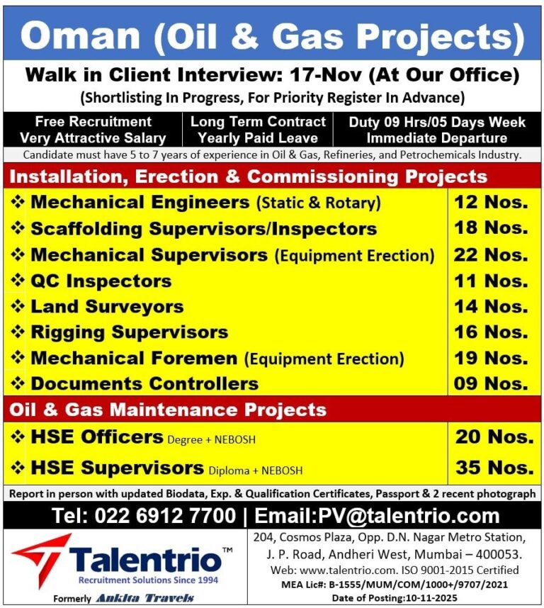 Oil and Gas Jobs in Oman – Mechanical Engineers, Scaffolding Supervisors, and More