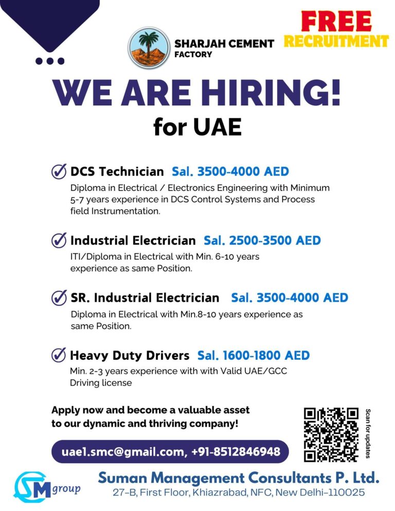 DCS Technician and Industrial Electrician Jobs in UAE – Sharjah Cement Factory