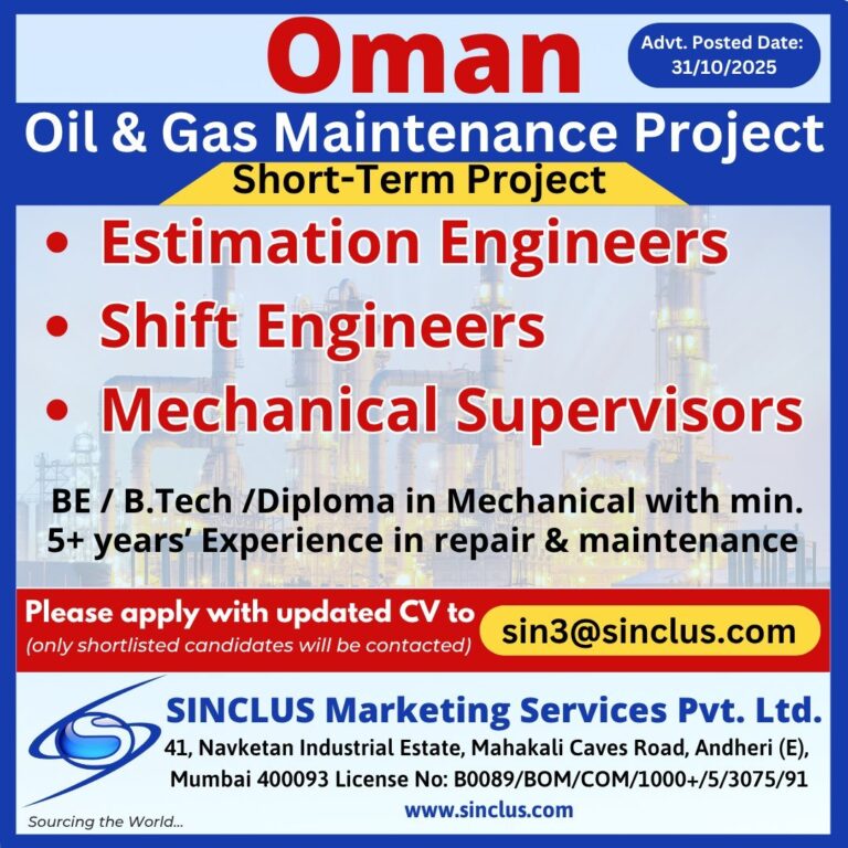 Maintenance Jobs in Gulf – Shift Engineers, Mechanical Supervisors