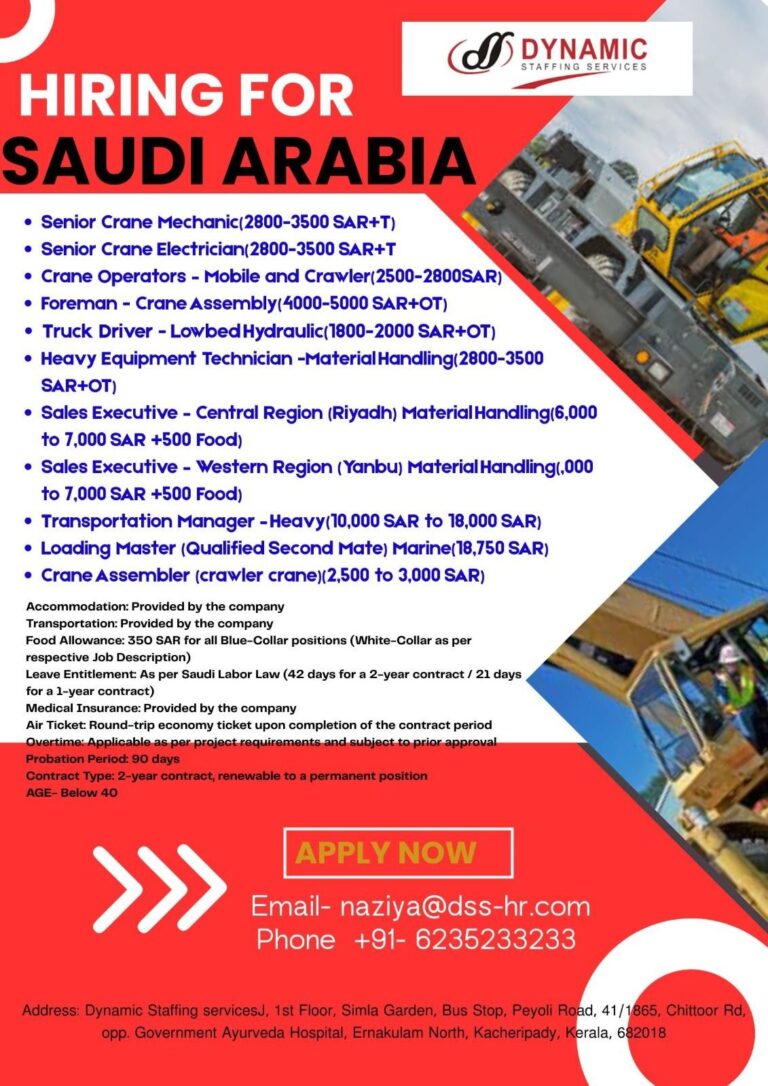 Crane and Heavy Equipment Jobs in Saudi Arabia – Senior Mechanic, Electrician, and Operator Positions