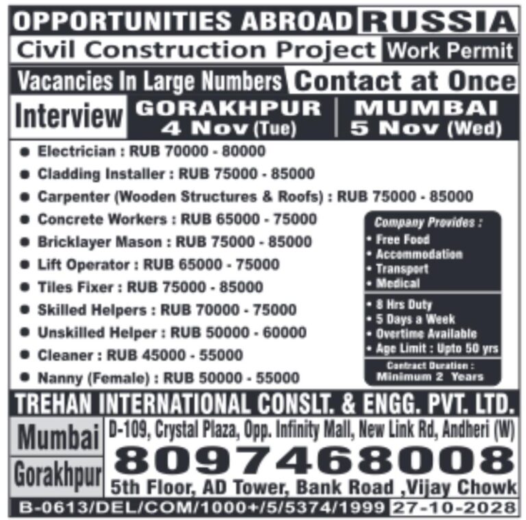 Electrician, Cladding Installer, and Carpenter Jobs in Russia – Multiple Positions