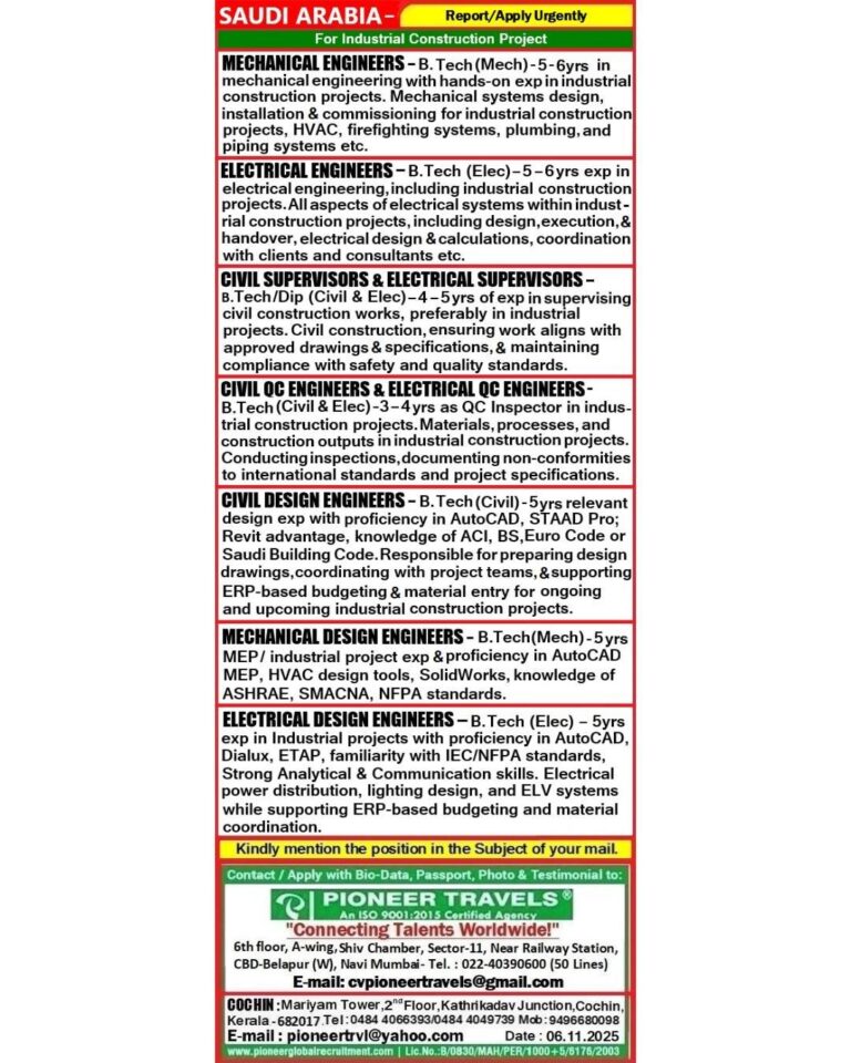 Mechanical, Electrical, and Civil Engineering Jobs in Saudi Arabia – Industrial Construction Project