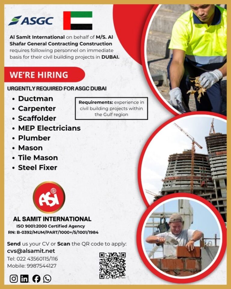 Construction Jobs in United Arab Emirates – Ductman, Carpenter, Scaffolder, MEP Electricians, Plumber, Mason, Tile Mason, Steel Fixer
