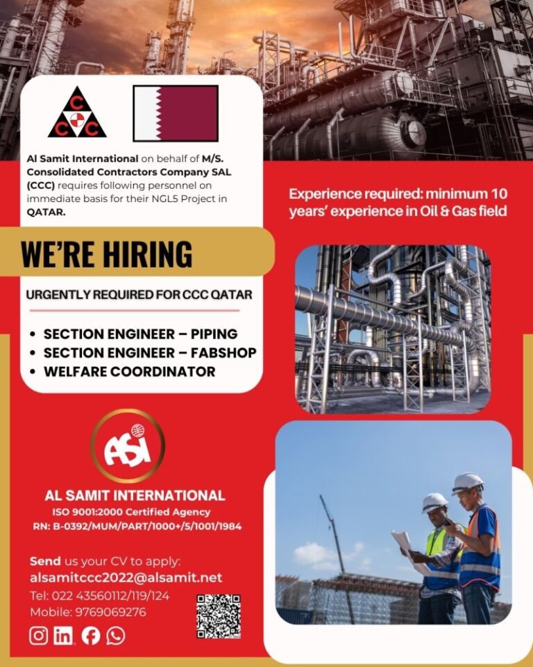Engineering and Coordination Jobs in Qatar – Section Engineers and Welfare Coordinator