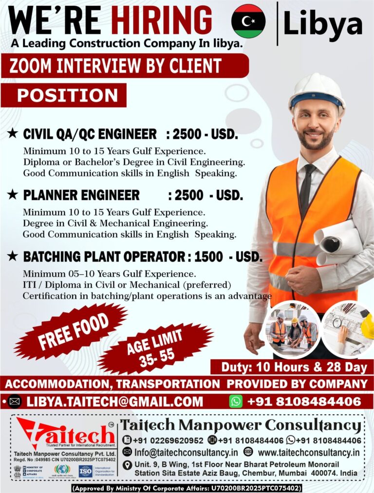 Civil Engineering Jobs in Libya – QA/QC, Planner, and Batching Plant Operator