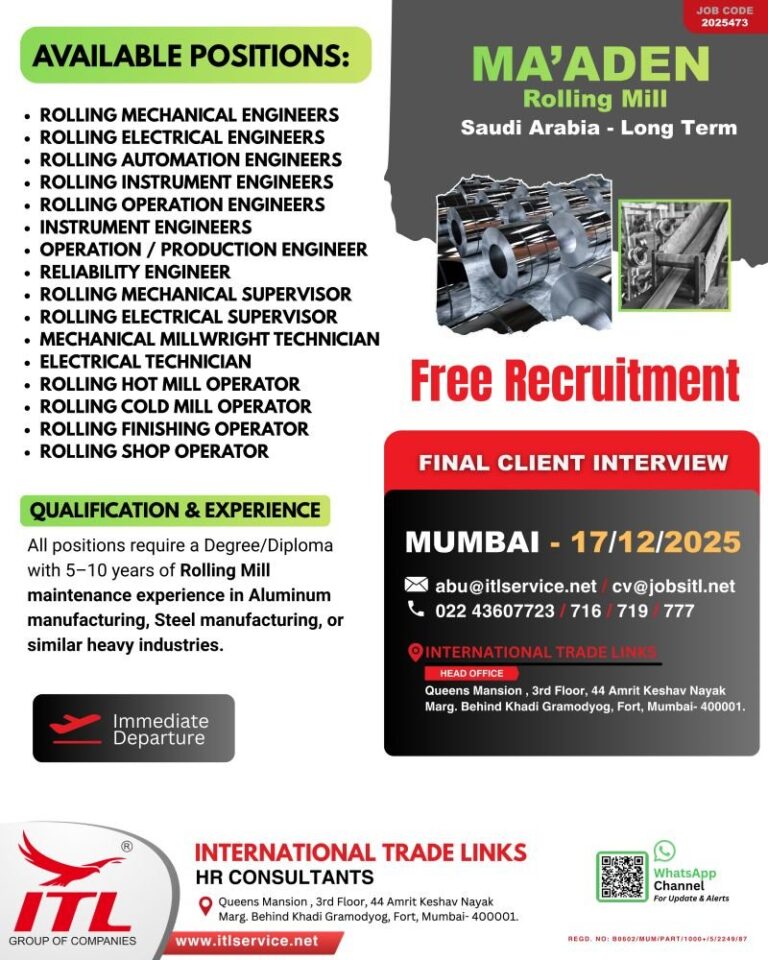 Mechanical and Electrical Engineering Jobs in Saudi Arabia – Rolling Mill Operators and Engineers