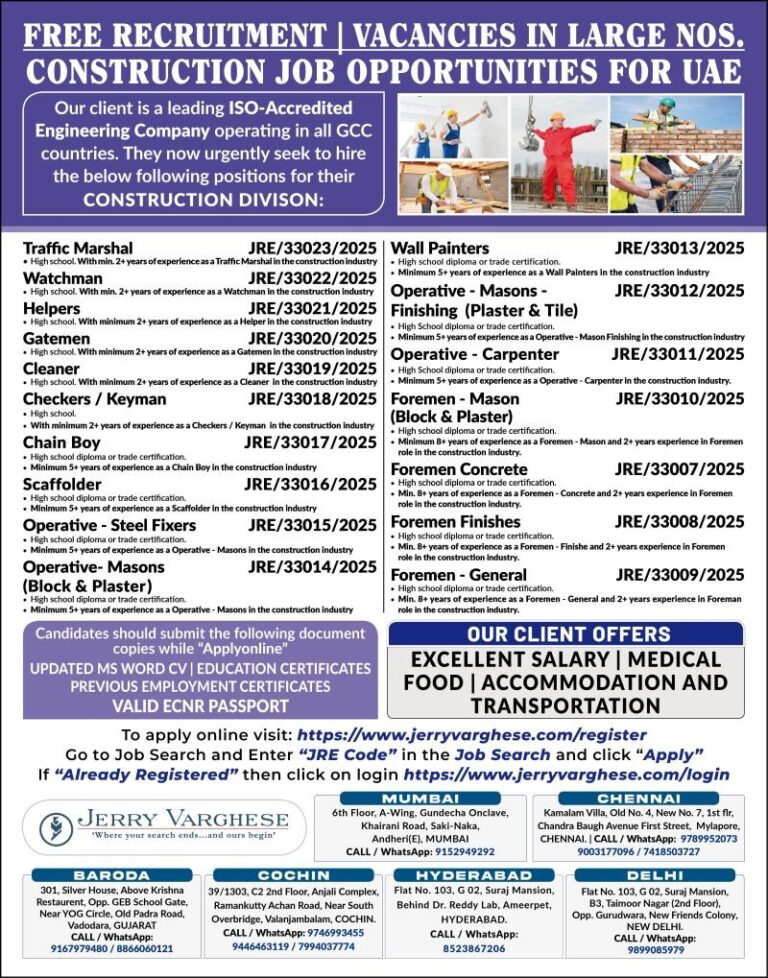 Construction Jobs in UAE – Traffic Marshal, Watchman, Helper, and More