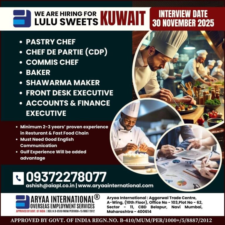 Pastry Chef Jobs in Kuwait – Chef de Partie, Commis Chef, Baker, Shawarma Maker, Front Desk Executive, Accounts & Finance Executive