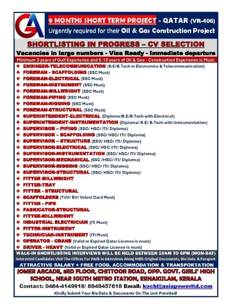 Engineer and Supervisor Jobs in Qatar – Oil & Gas Construction Project