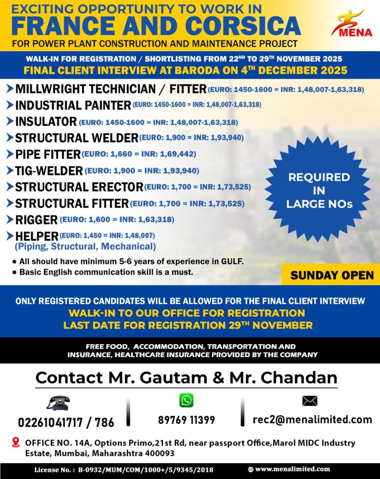 Millwright Technician and Other Jobs in France and Corsica – Various Positions