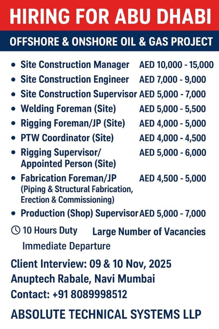 Construction Jobs in United Arab Emirates – Offshore & Onshore Oil & Gas Project