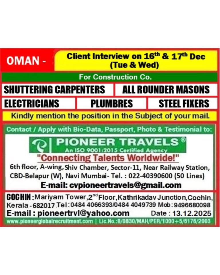 Shuttering Carpenters, Allrounder Masons, Electricians, Plumbers, Steel Fixers Jobs in Gulf – Construction Workers