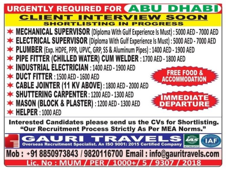 Mechanical and Electrical Jobs in Gulf – Supervisor and Technician Positions