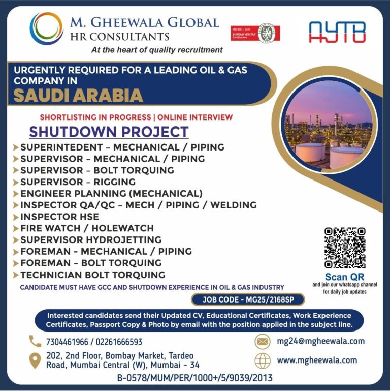 Shutdown Project Jobs in Saudi Arabia – Superintendent, Supervisor, Engineer, and Inspector
