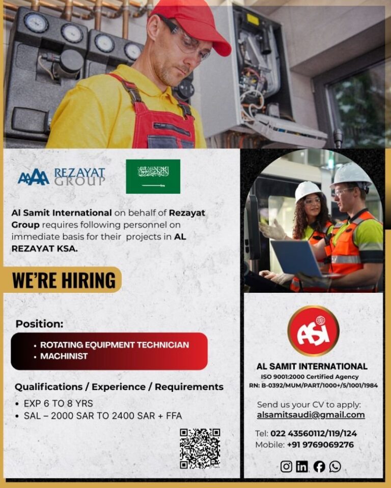Rotating Equipment Technician and Machinist Jobs in Saudi Arabia – Rezayat KSA