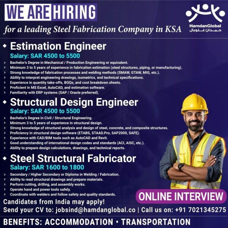Estimation Engineer and Structural Design Engineer Jobs in KSA – Steel Fabrication