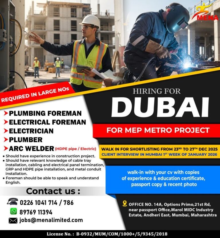 Plumbing and Electrical Jobs in UAE – Foreman and Technician Positions