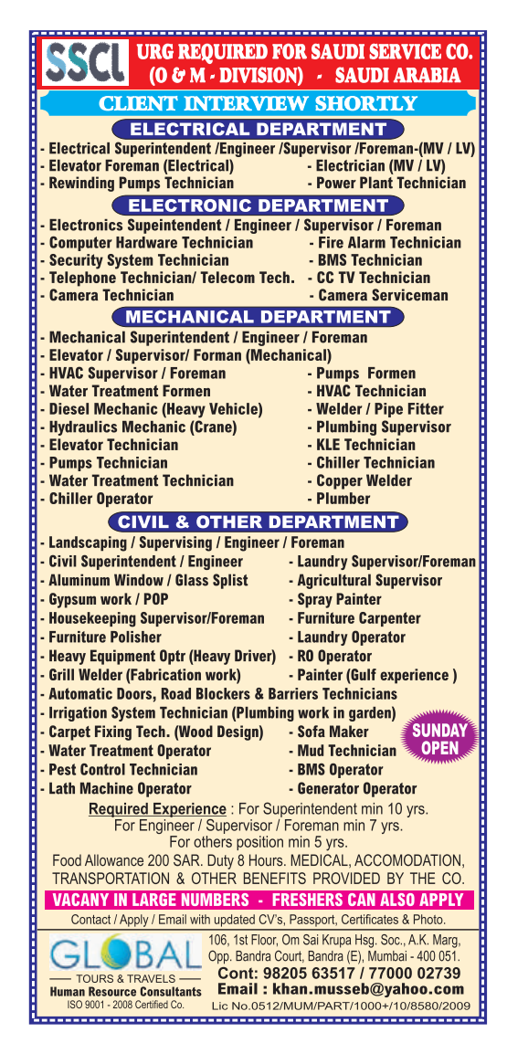 Electrical, Mechanical, and Electronics Jobs in Saudi Arabia – Superintendent, Engineer, Supervisor, Foreman, Technician
