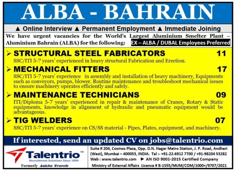 Structural Steel Fabricators, Mechanical Fitters, Maintenance Technicians, and TIG Welders Jobs in Bahrain – Multiple Positions