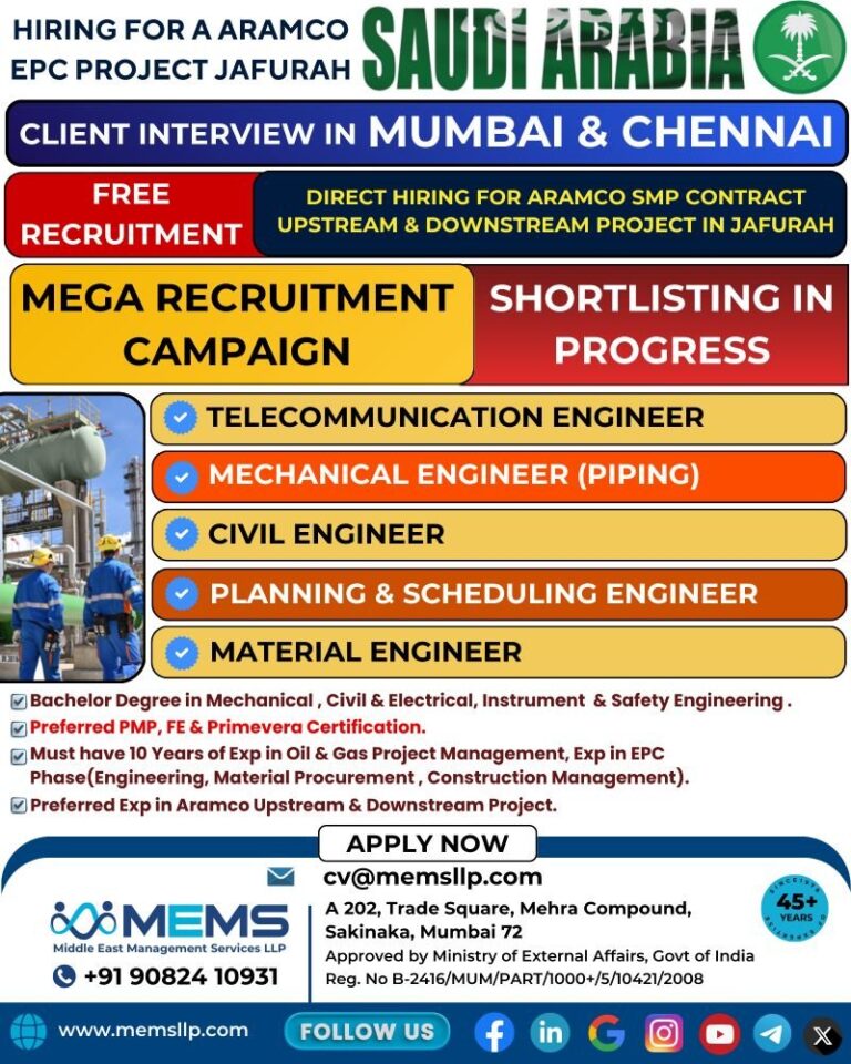 Material Engineer Jobs in Saudi Arabia – Aramco EPC Project Jafurah