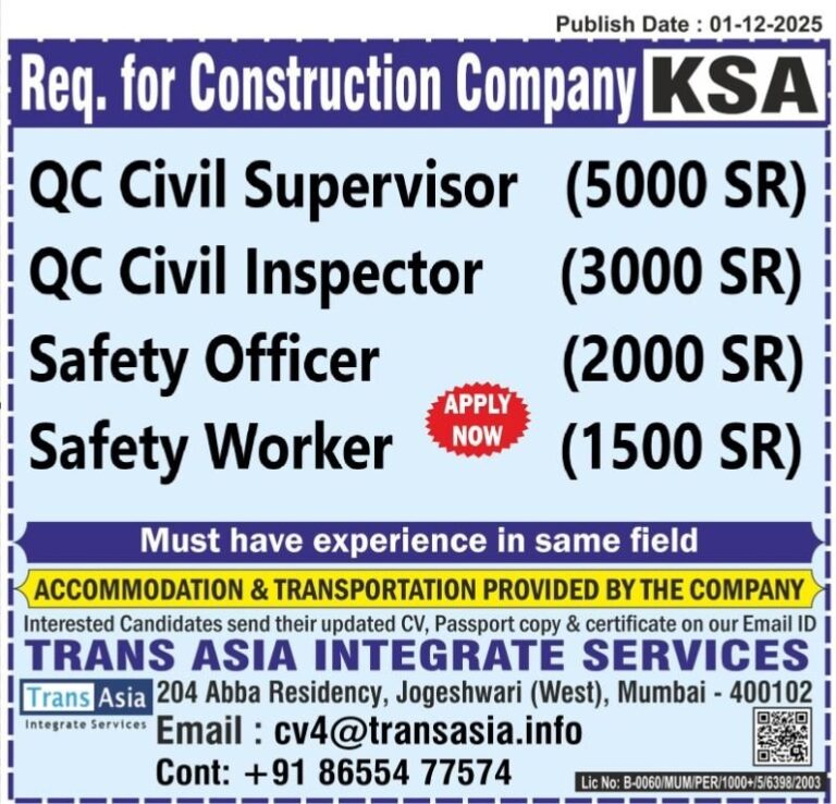 Construction Jobs in Gulf – QC Civil Supervisor, QC Civil Inspector, Safety Officer, Safety Worker