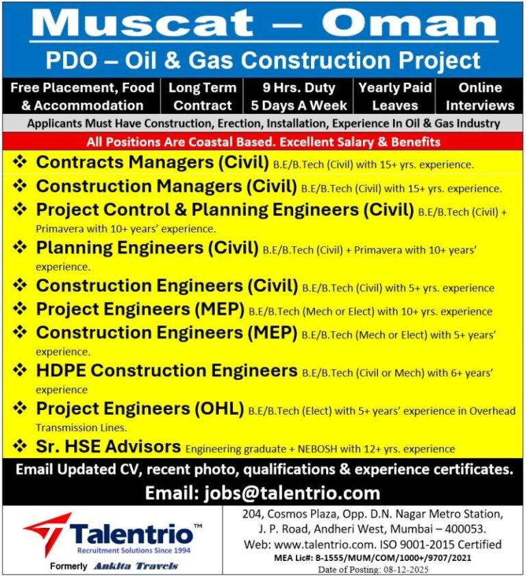 Oil and Gas Construction Jobs in Oman – Contracts Managers, Construction Managers, Engineers