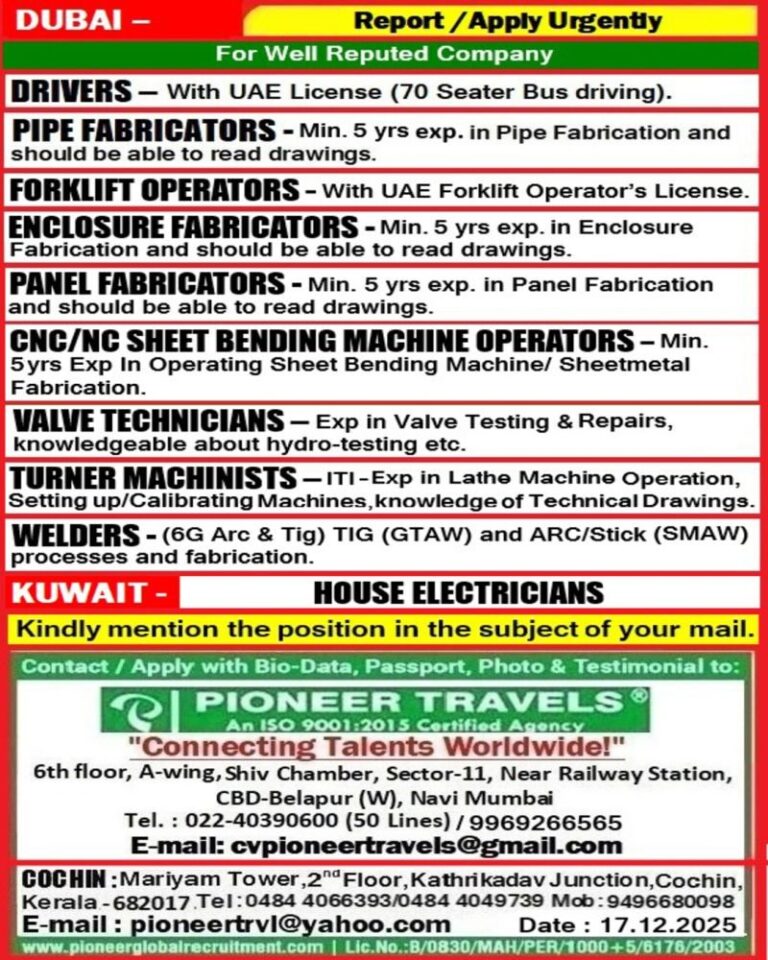 Driver and Technician Jobs in UAE – Multiple Positions